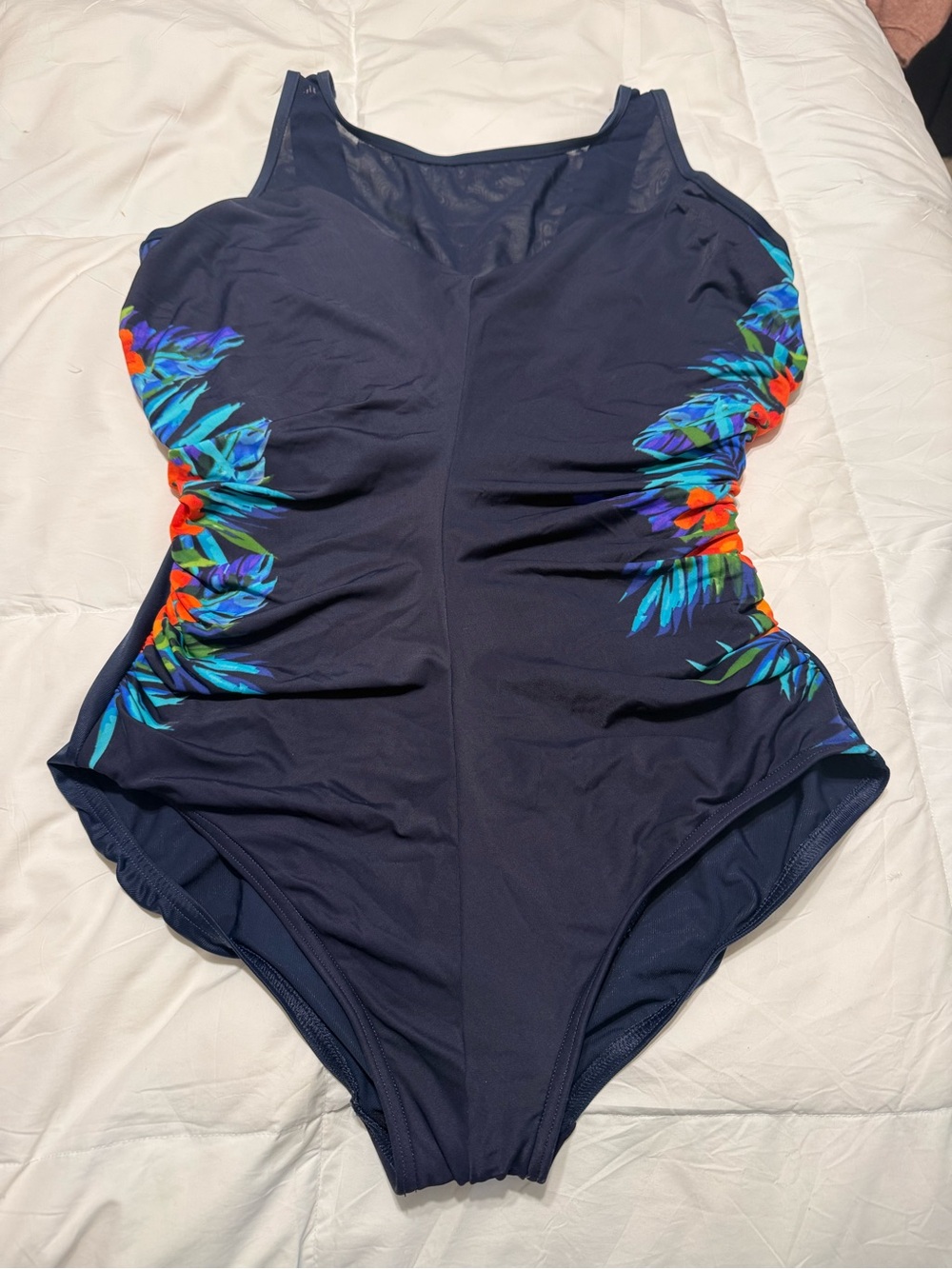 Miraclesuit size 16DD Navy One-Piece Swimsuit with Tropical Side Print